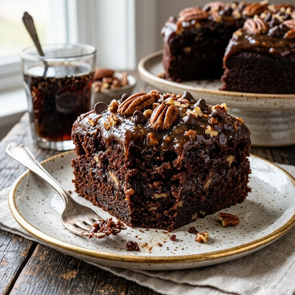 Delicious Dr Pepper Cake topped with chocolate icing on a rustic wooden table