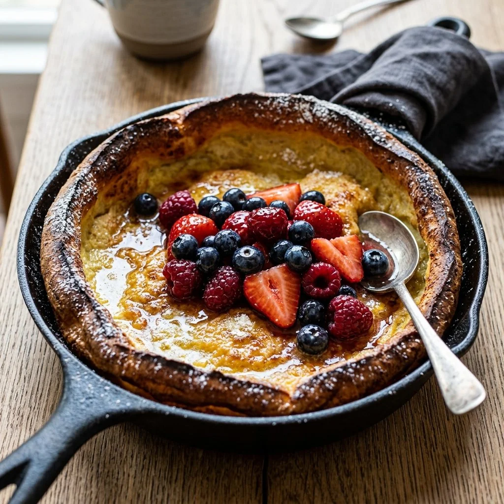 Delicious Dutch Baby Pancake topped with fruits and syrup on a plate