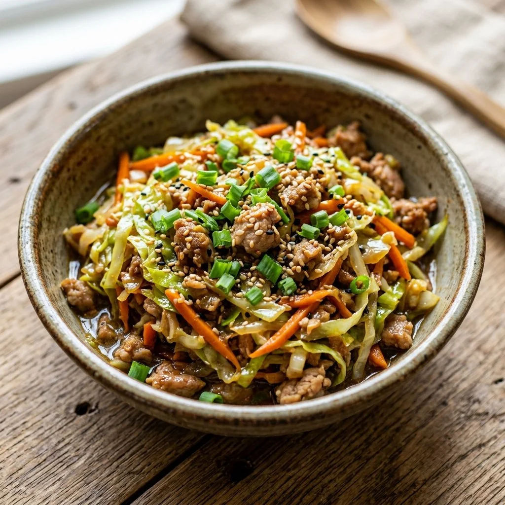Bowl of deconstructed eggroll with vegetables and meat