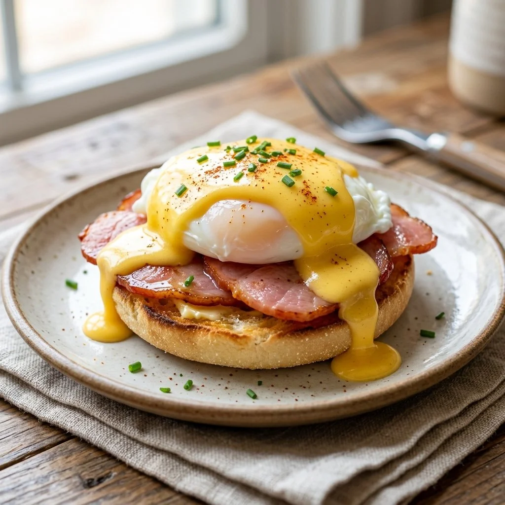 Plate of delicious Eggs Benedict with poached eggs and hollandaise sauce