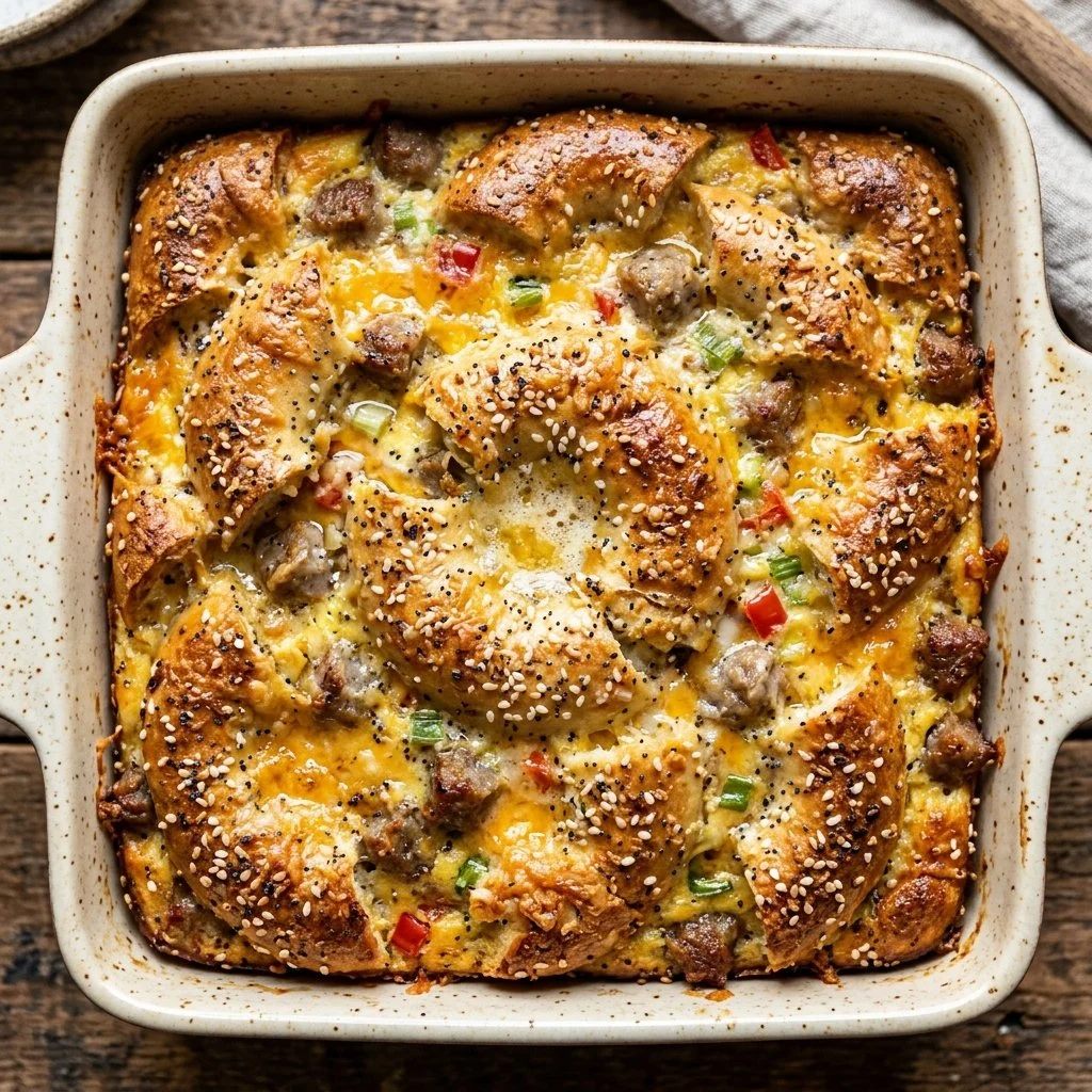 Delicious Everything Bagel Casserole dish served warm with toppings