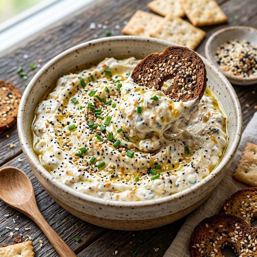Delicious everything bagel dip recipe garnished with herbs and served with crackers.
