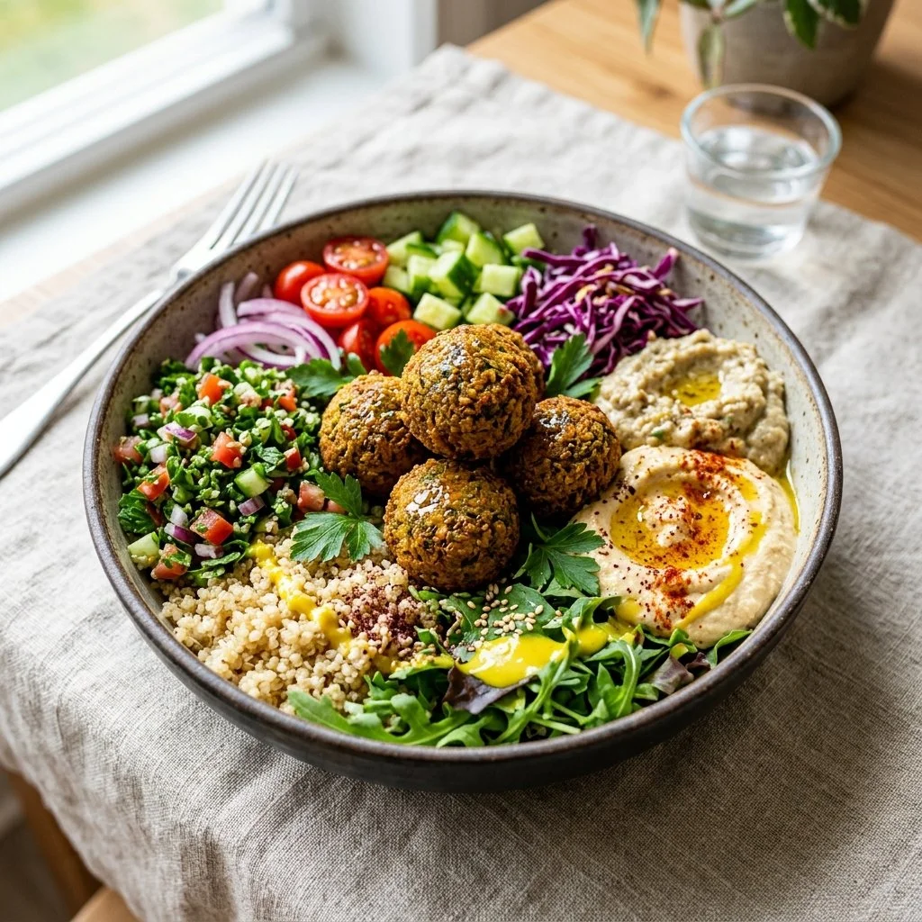 Delicious falafel bowl filled with fresh vegetables and tahini sauce