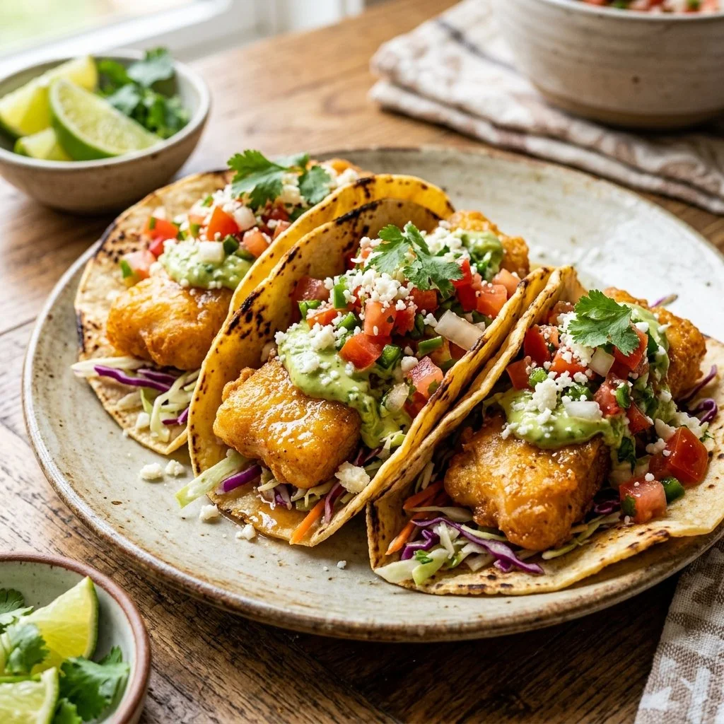 Plate of delicious fish tacos topped with fresh herbs and lime slices