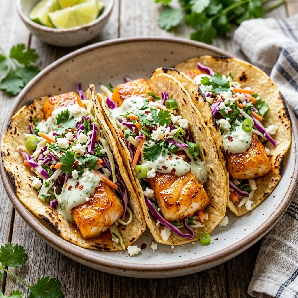 Delicious fish tacos with fresh slaw served on a plate