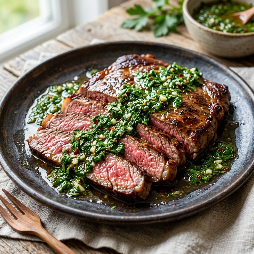 Delicious flank steak chimichurri served on a plate with fresh herbs