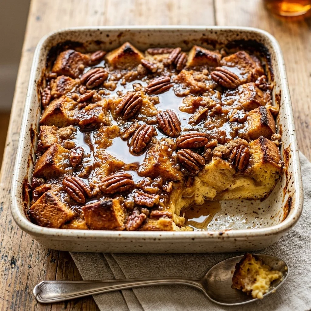 Delicious French Toast Casserole served with syrup and berries