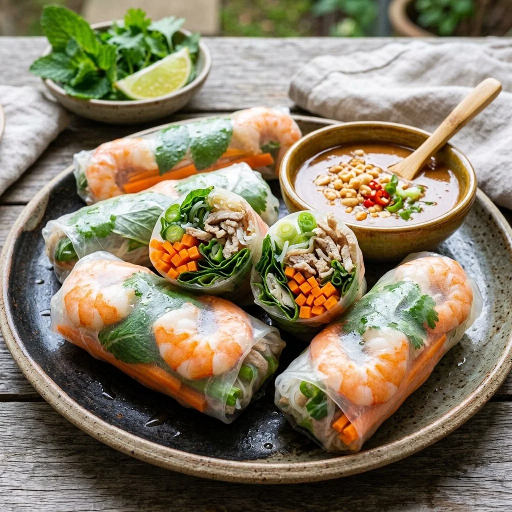 Colorful and fresh spring rolls filled with vegetables and herbs