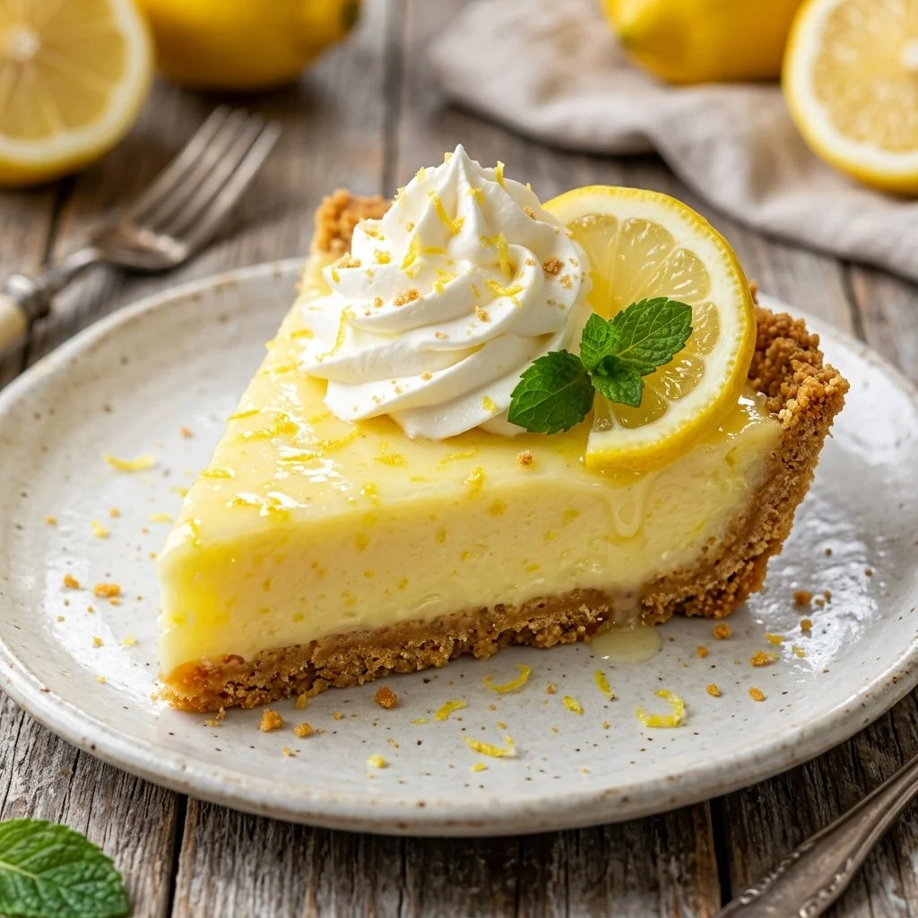 Delicious Frozen Lemonade Pie topped with whipped cream and lemon slices