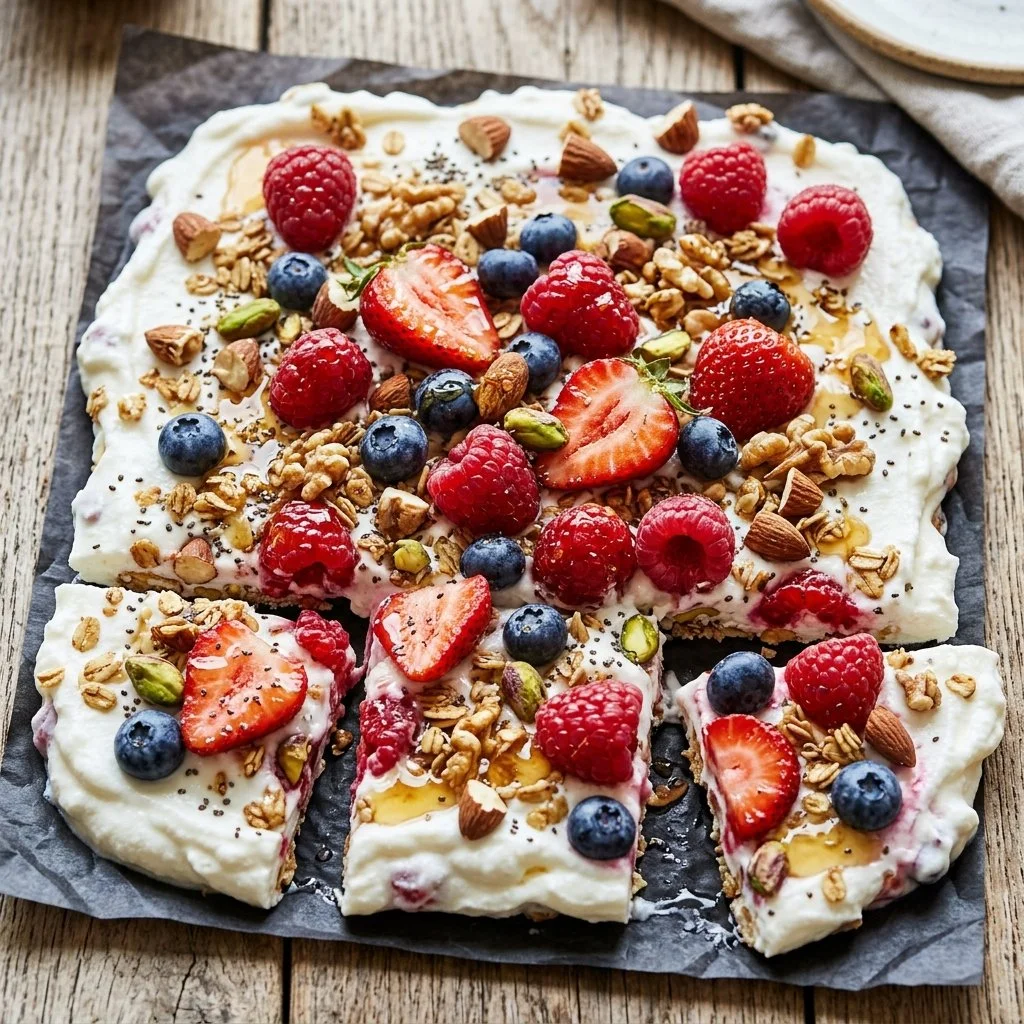 Delicious frozen yogurt bark topped with fruits and nuts, a cool summer treat.