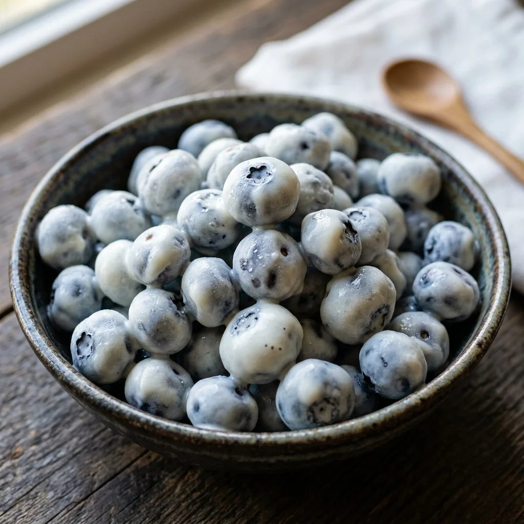 Delicious frozen yogurt covered blueberries in a bowl