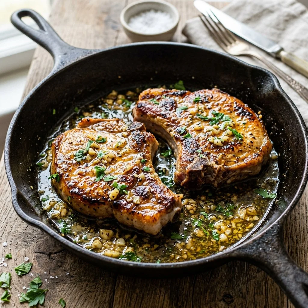 Juicy garlic butter pork chops on a plate garnished with herbs.