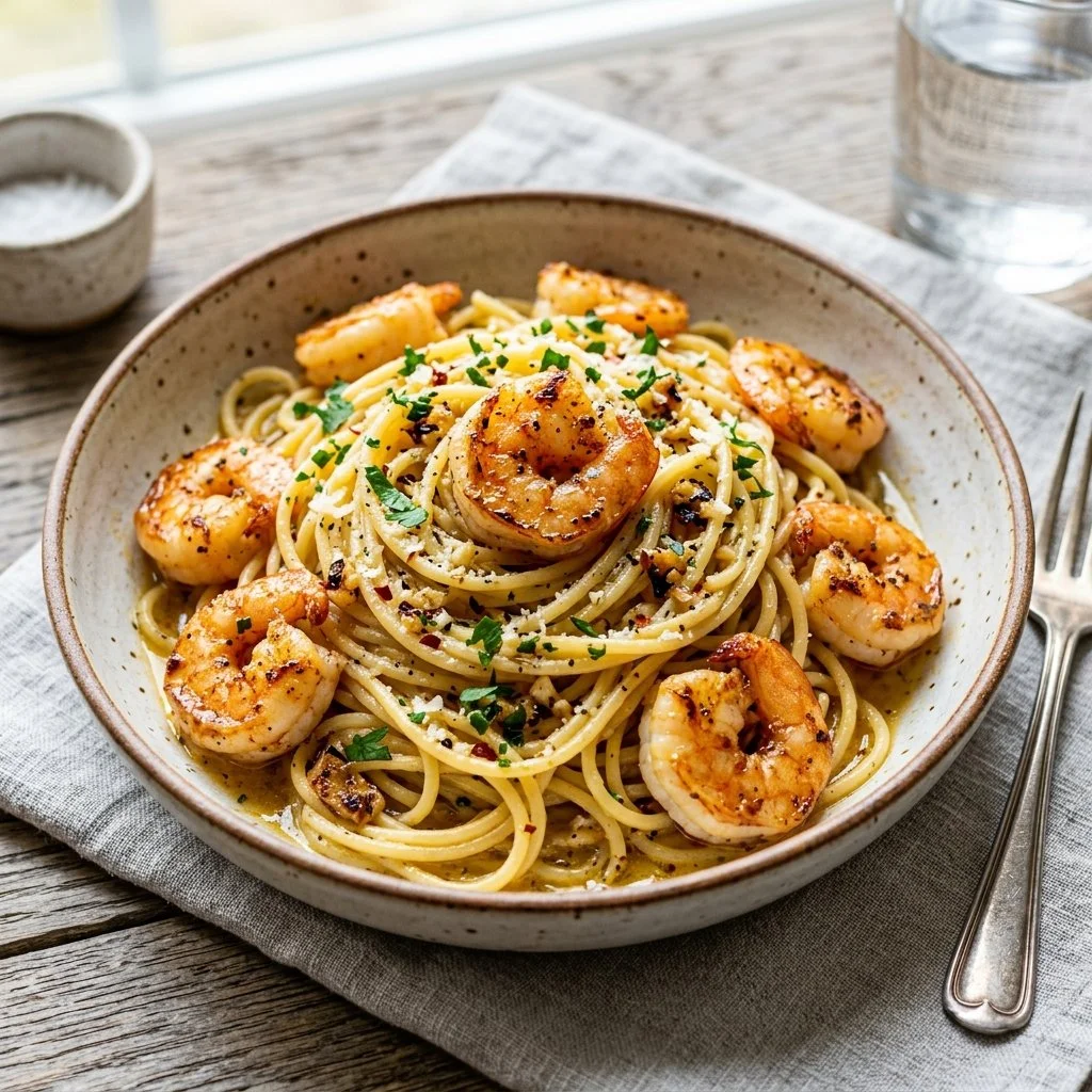 Delicious garlic butter shrimp pasta garnished with parsley and served in a bowl.