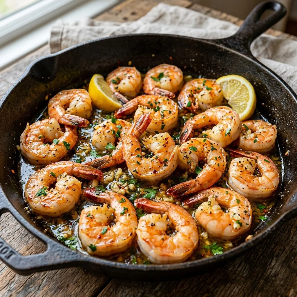 Delicious Garlic Butter Shrimp Skillet served with fresh herbs