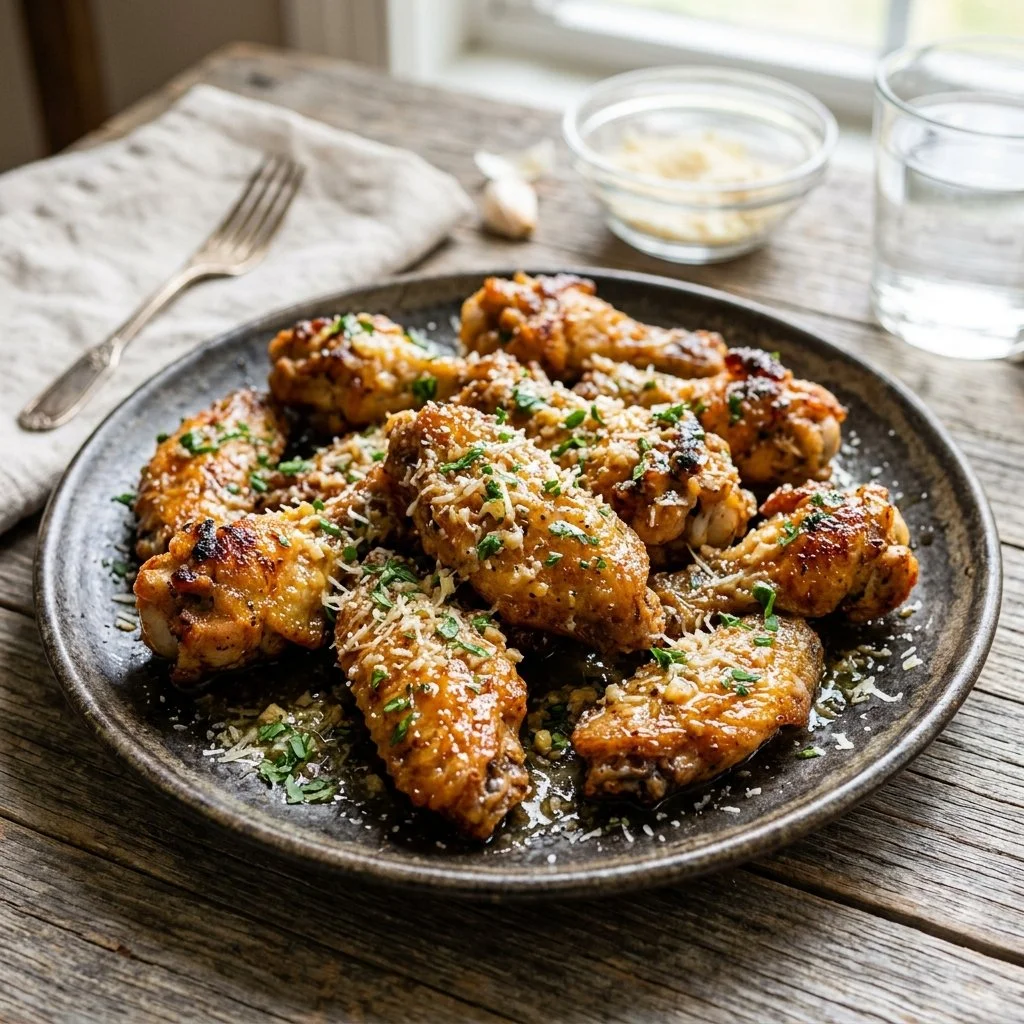 Crispy Garlic Parmesan Chicken Wings on a serving plate with dipping sauce