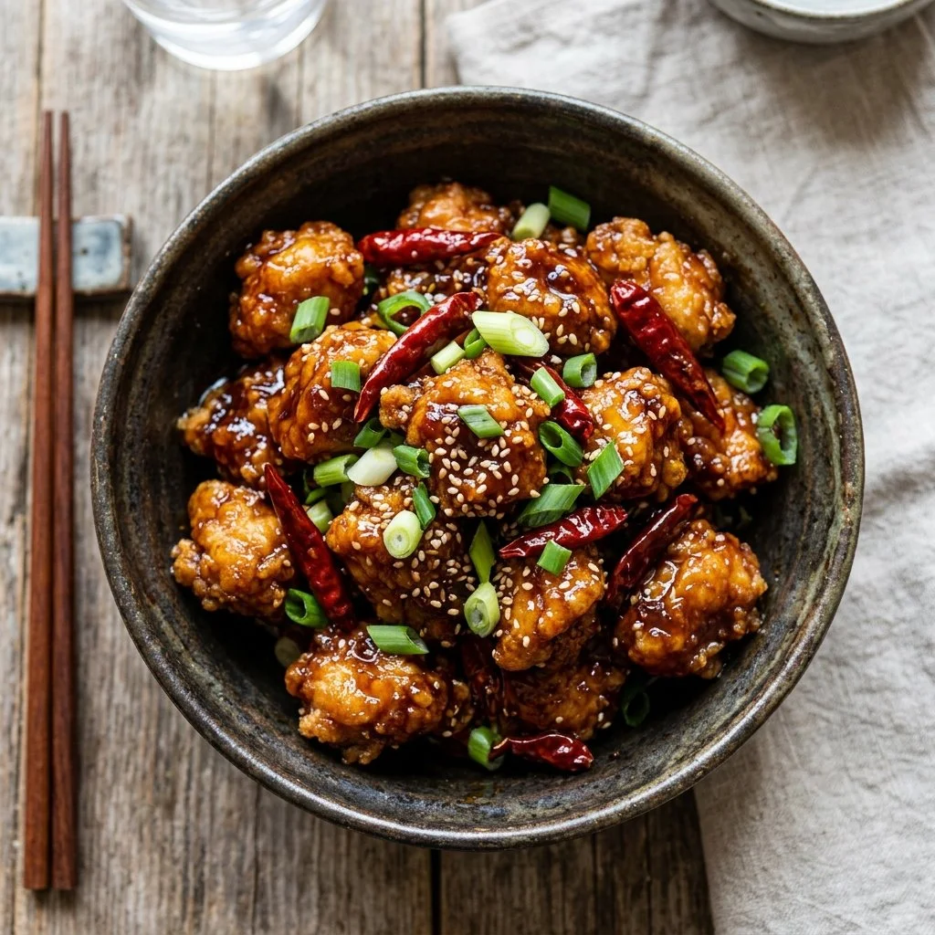Plate of General Tso Chicken with vegetables and rice
