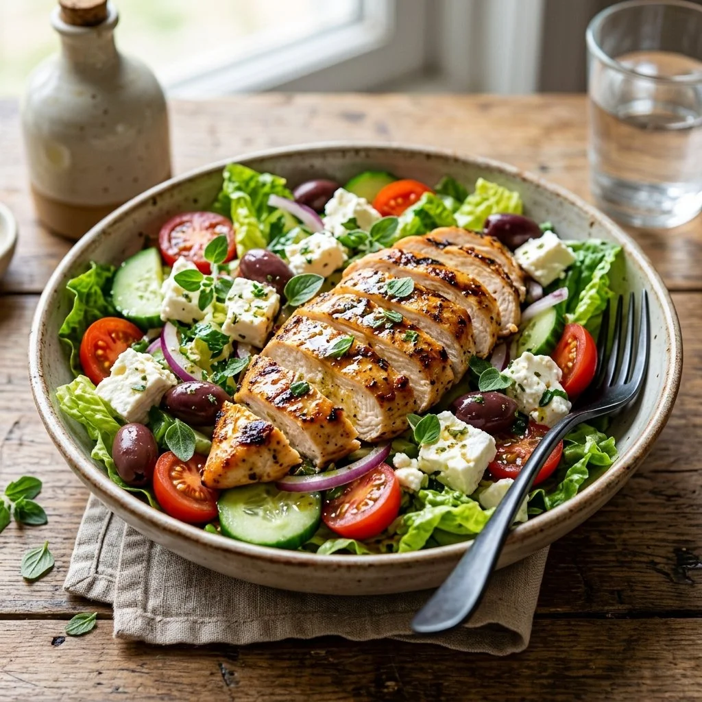A fresh Greek Chicken Salad with grilled chicken, tomatoes, cucumbers, and feta cheese.
