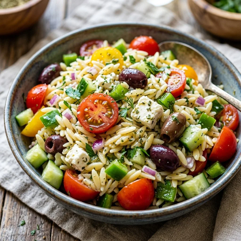 Colorful Greek Orzo Salad with vegetables and feta cheese in a bowl.