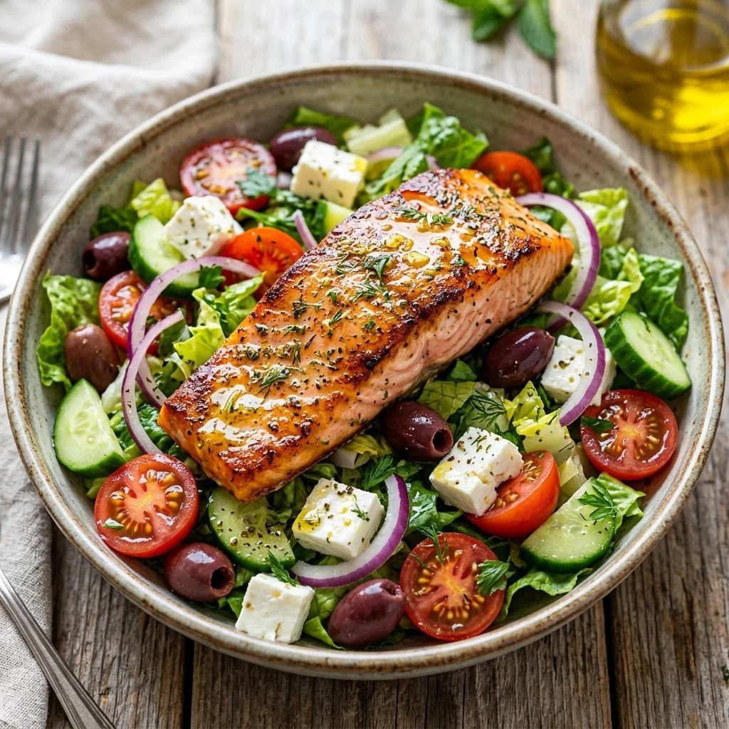 Vibrant Greek Salmon Salad with fresh vegetables and feta cheese