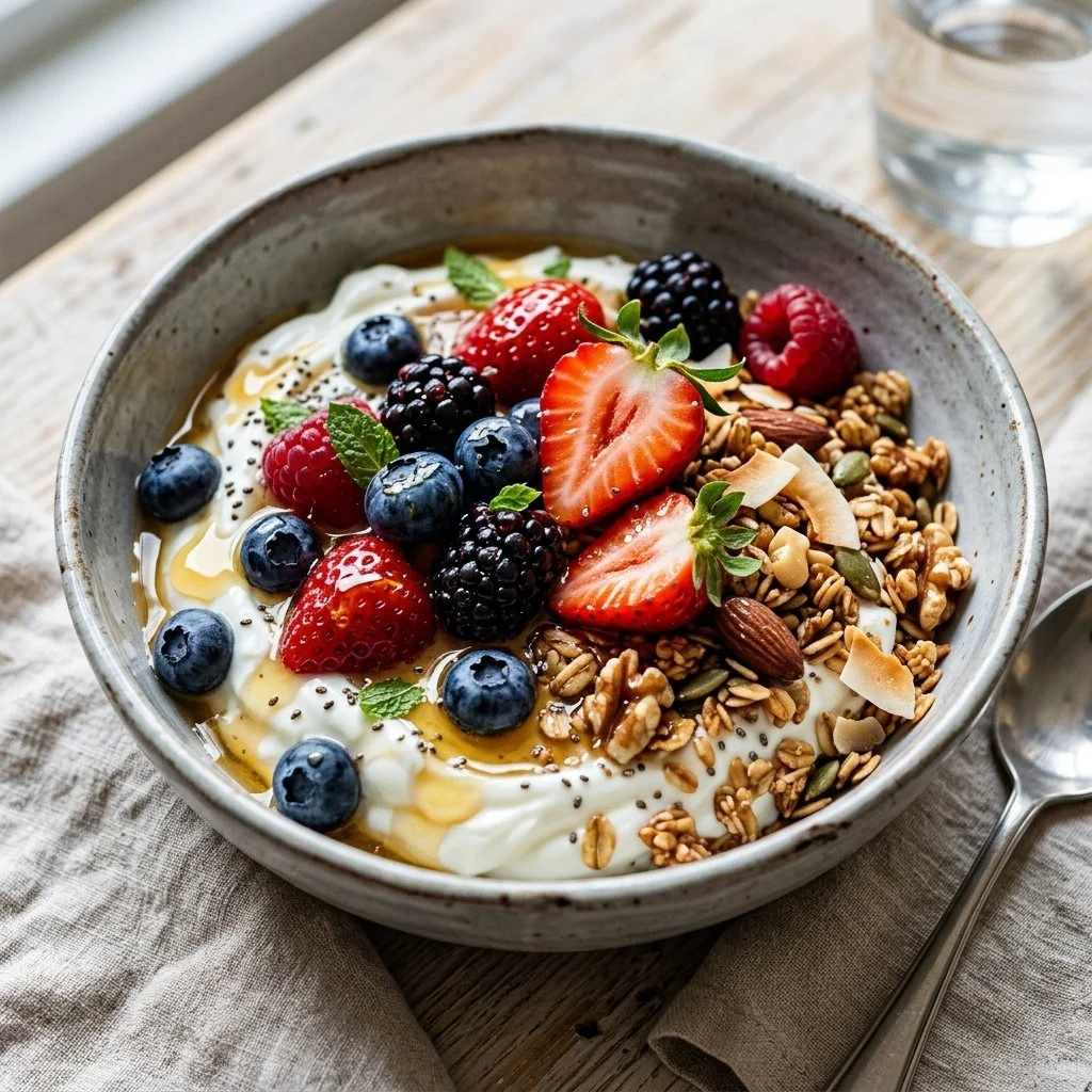 Delicious Greek yogurt breakfast bowls topped with fresh fruits and nuts