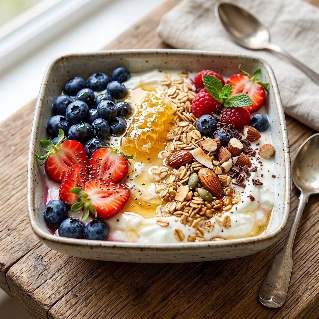 Healthy Greek yogurt breakfast bowls topped with fruits and granola
