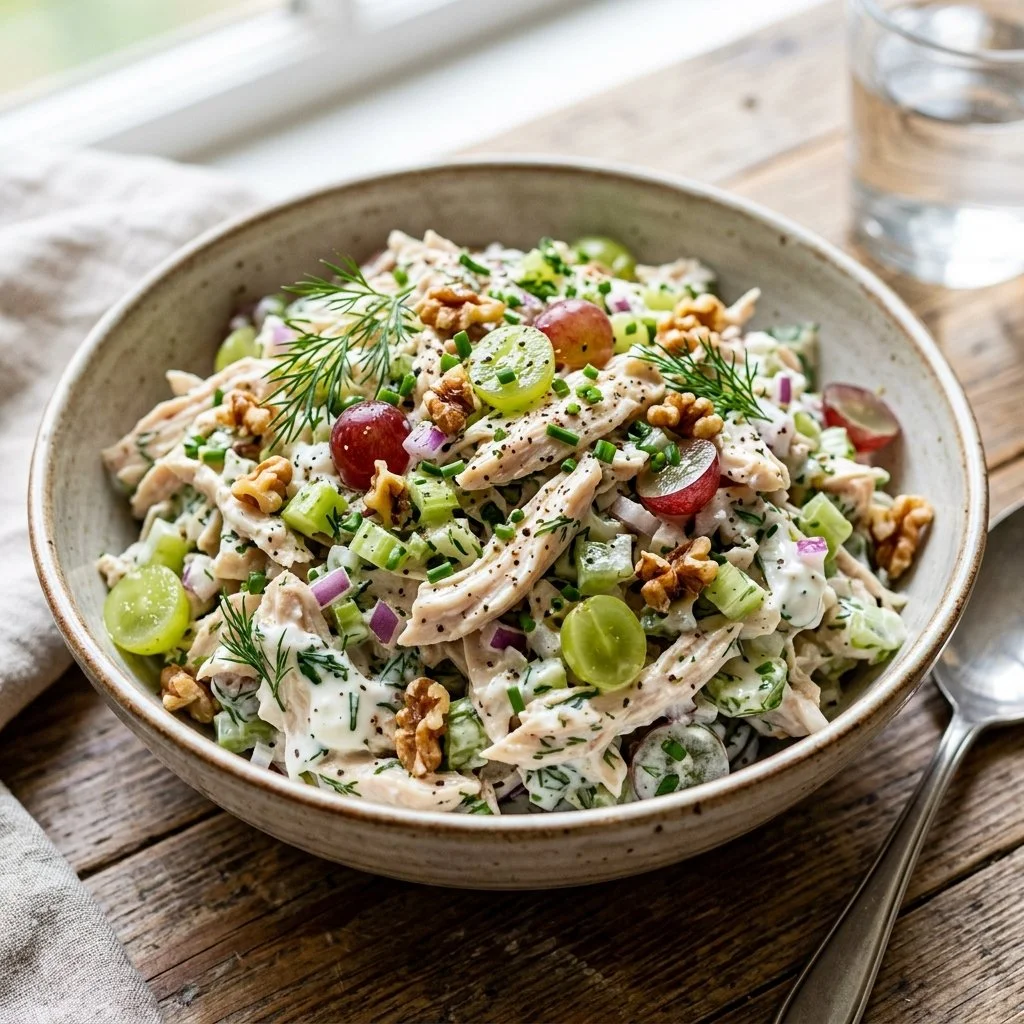 Delicious Greek Yogurt Chicken Salad served in a bowl with fresh vegetables