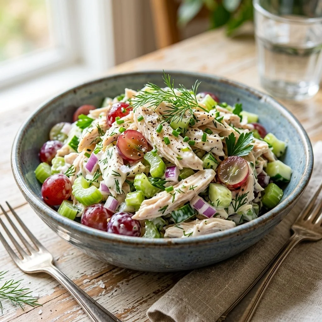 Bowl of Greek Yogurt Chicken Salad with vegetables and herbs