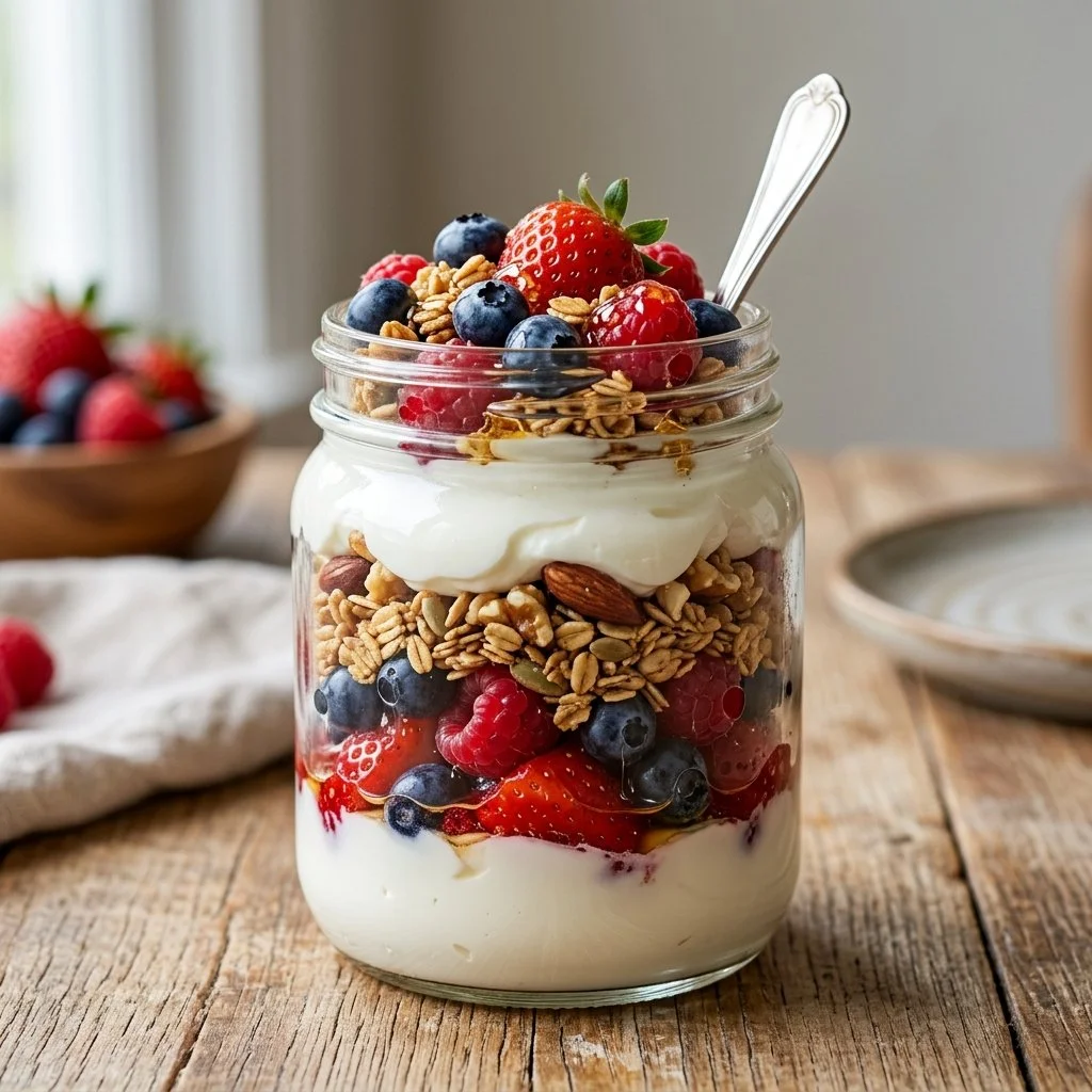 Delicious Greek yogurt parfait with fresh fruits and granola