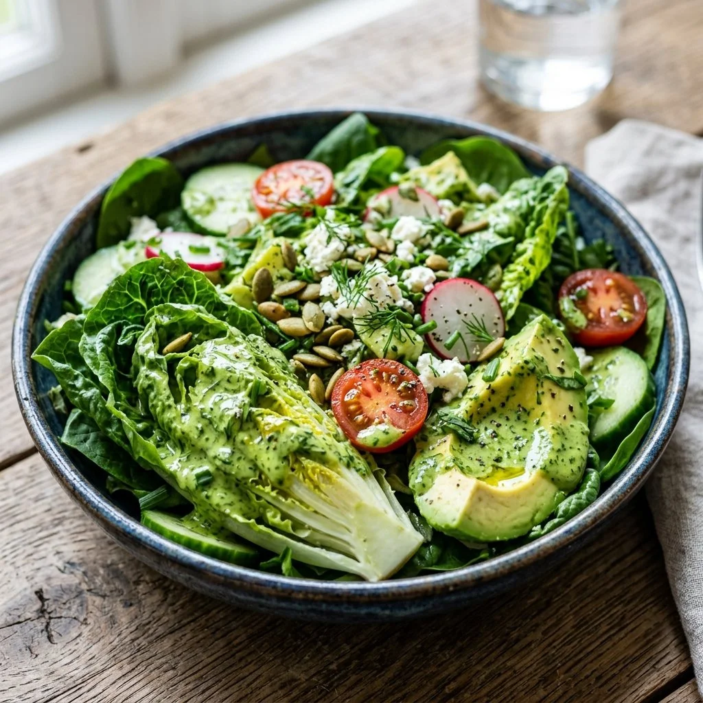 A vibrant Green Goddess Salad with fresh greens, avocado, and a creamy dressing.