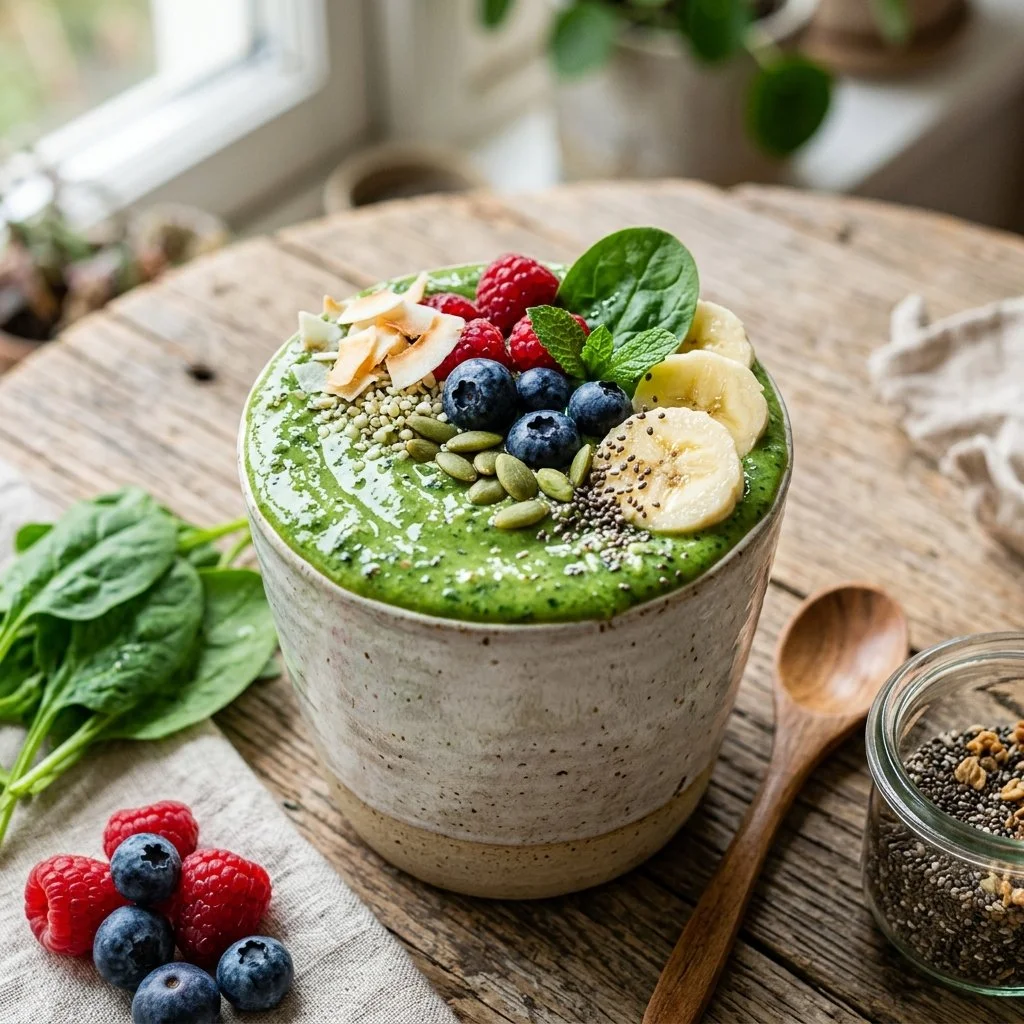 Delicious green protein smoothie made with fresh fruits and vegetables