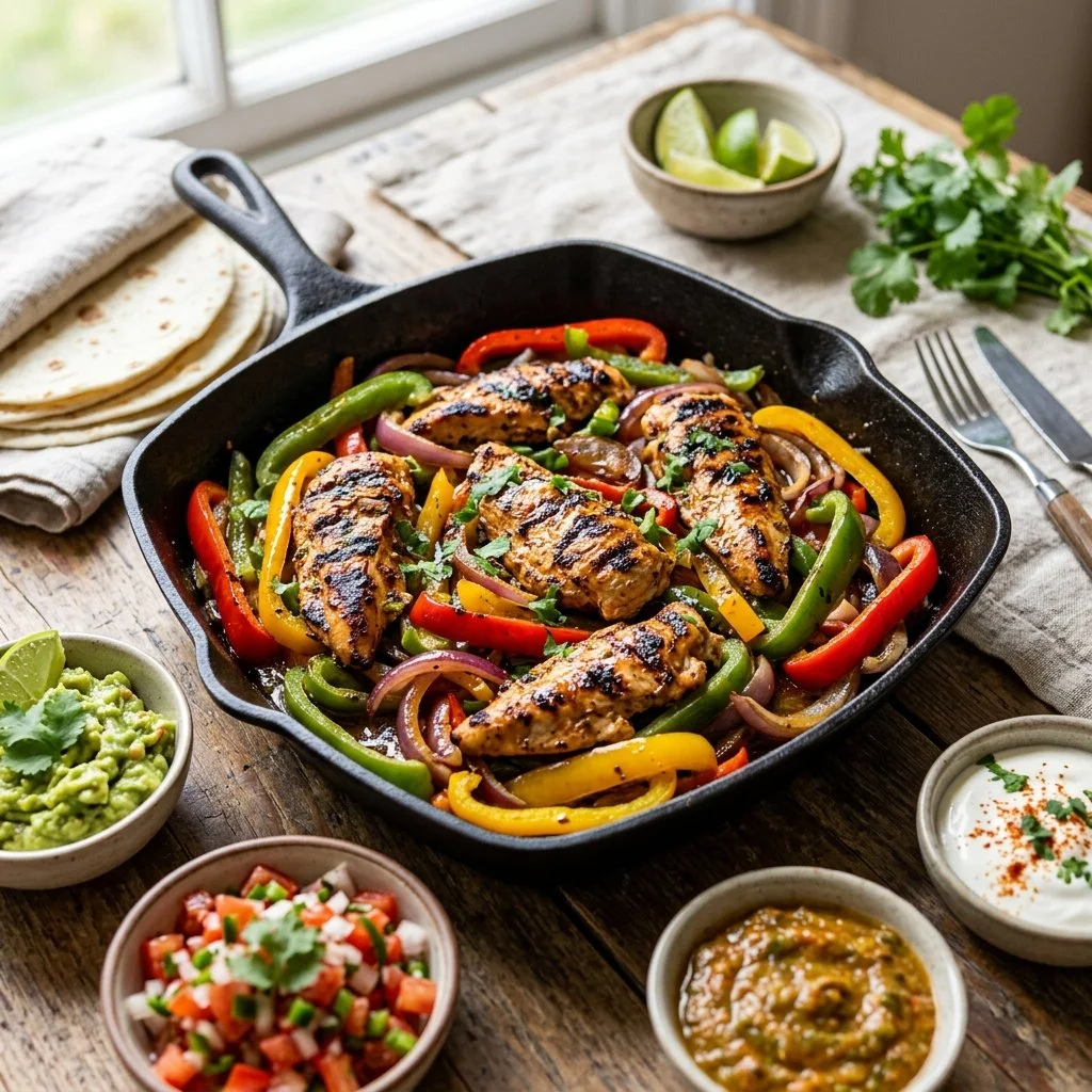 Delicious grilled chicken fajitas with colorful bell peppers and onions