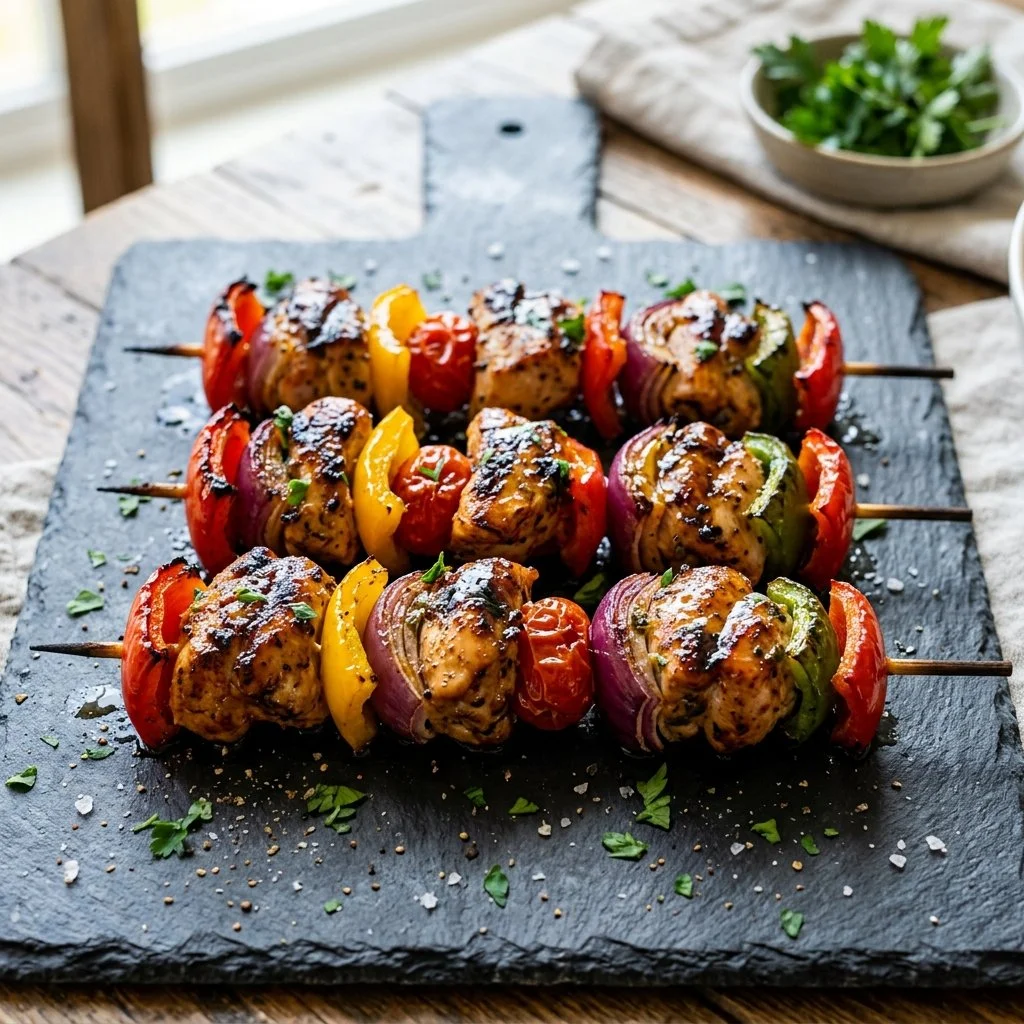 Delicious grilled chicken kabobs skewered with colorful vegetables.
