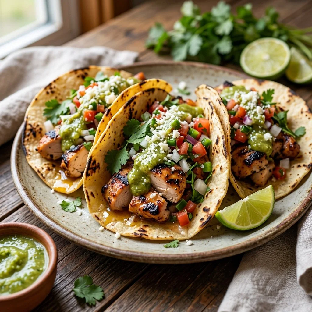 Delicious grilled chicken tacos topped with fresh ingredients and served on a plate.