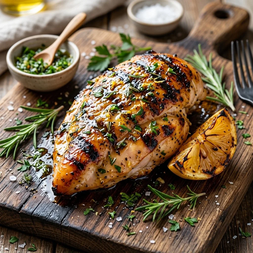Grilled lemon herb chicken garnished with fresh herbs on a plate.