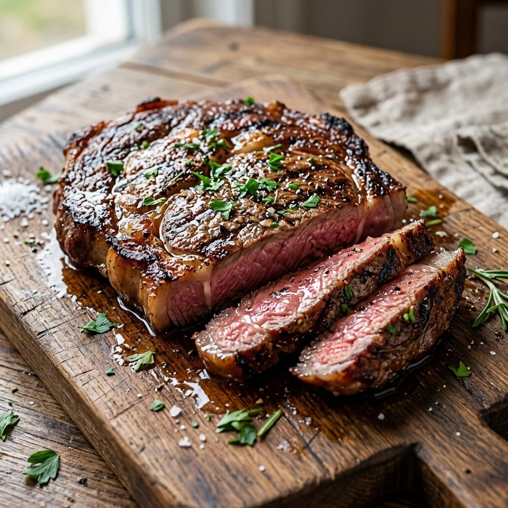 Grilled ribeye steak served on a plate with herbs and vegetables