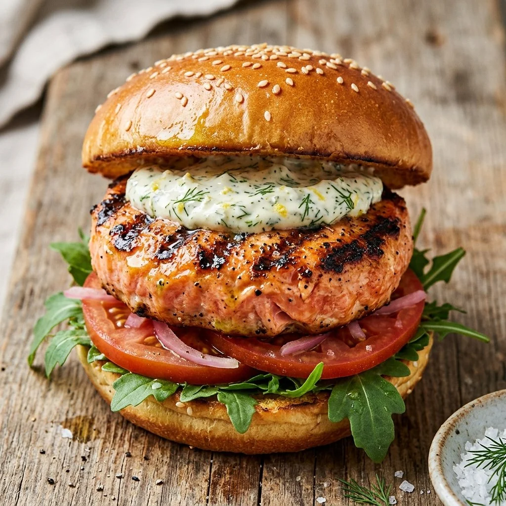 Grilled salmon burgers served on a plate with fresh vegetables.