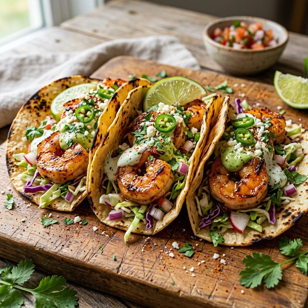 Plate of delicious grilled shrimp tacos topped with fresh garnishes