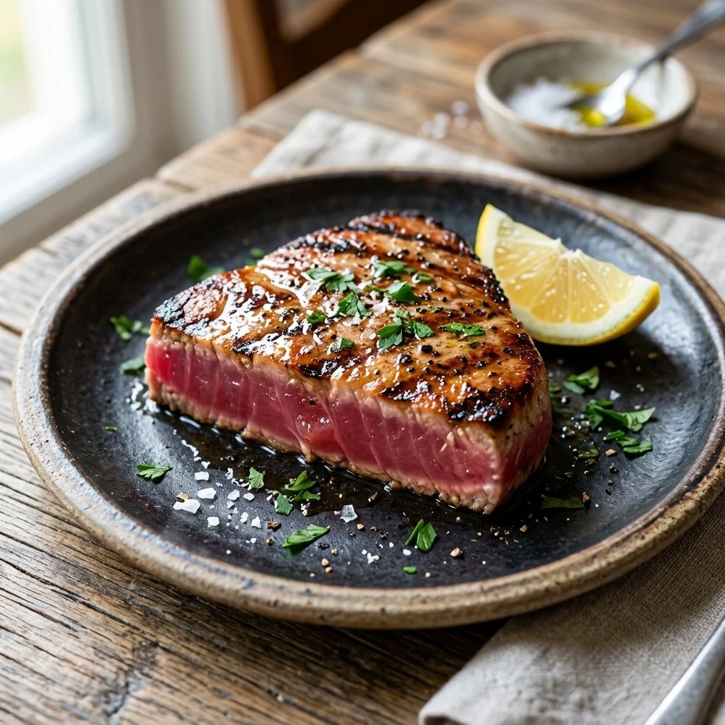 A perfectly grilled tuna steak served with garnishes and side dishes.