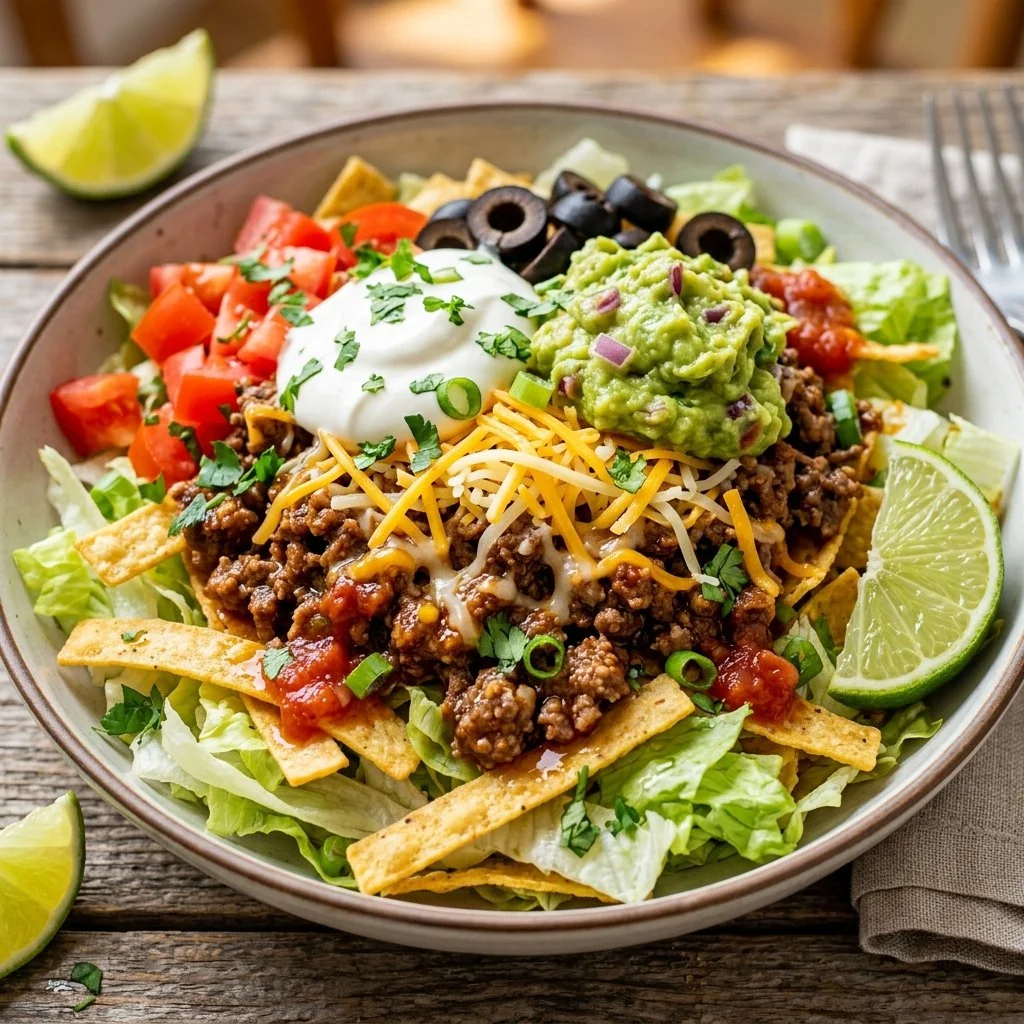 Delicious Ground Beef Taco Salad with fresh ingredients and toppings