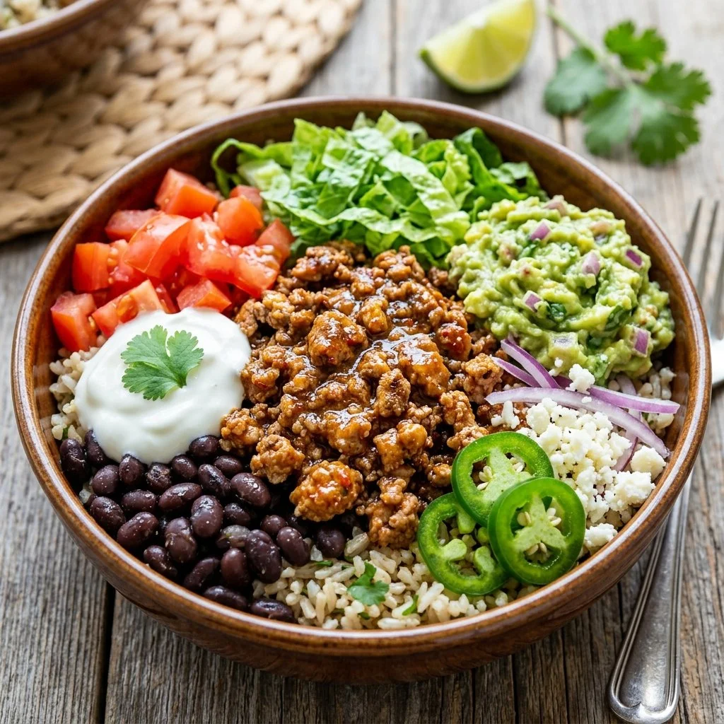 Delicious ground turkey taco bowls served with fresh toppings and vibrant colors