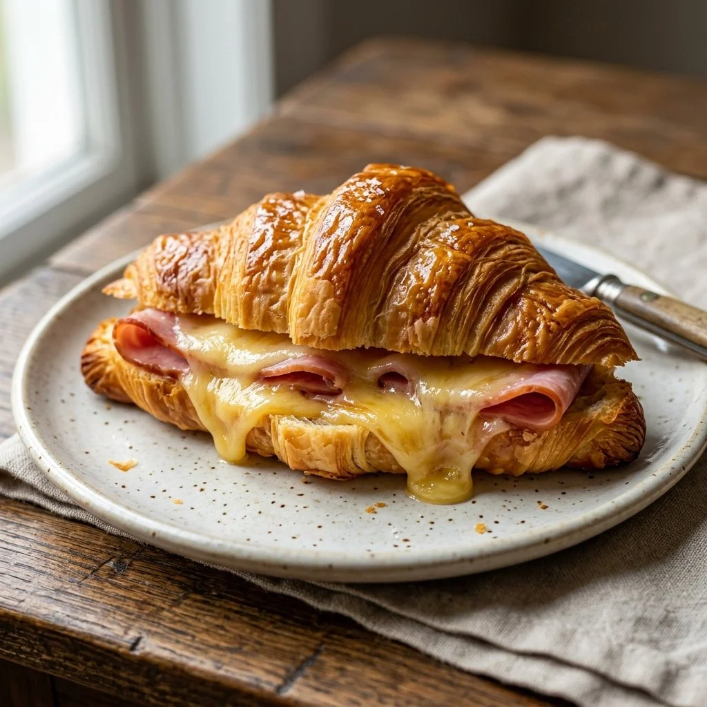 Delicious ham and cheese croissants on a plate, perfect for breakfast or a snack.