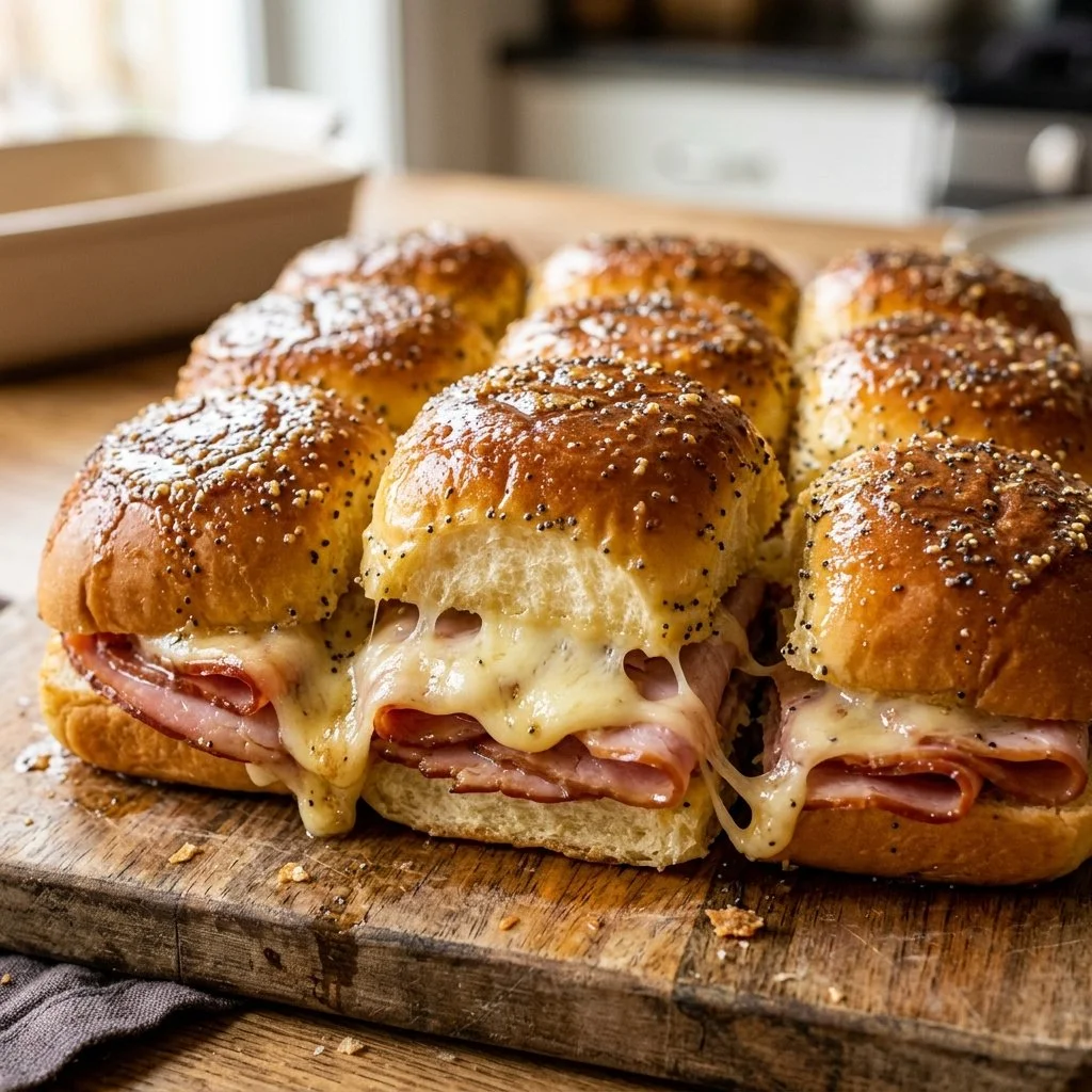 Ham and cheese sliders served with a side of pickles and dipping sauce