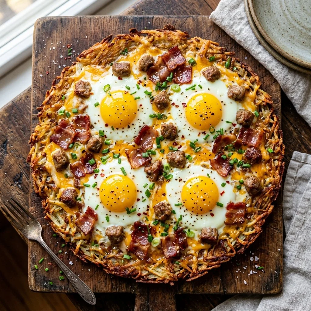 Delicious Hashbrown Breakfast Pizza with crispy hashbrowns and toppings
