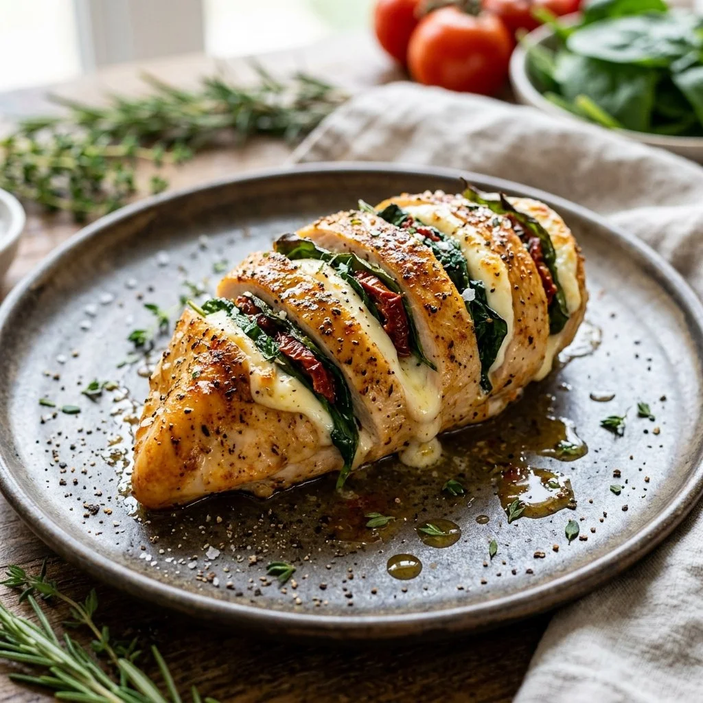 Delicious Hasselback Chicken topped with herbs and cheese.