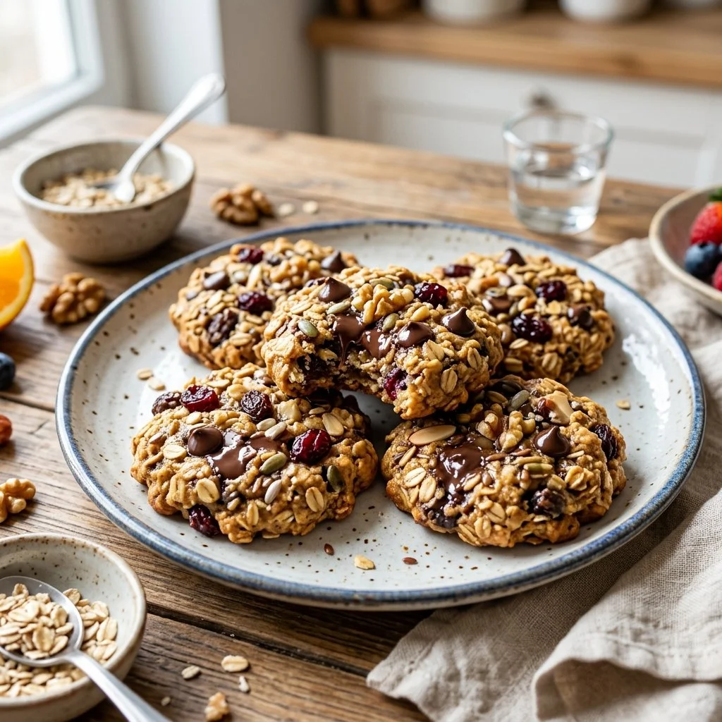 Delicious and healthy breakfast cookies on a wooden table