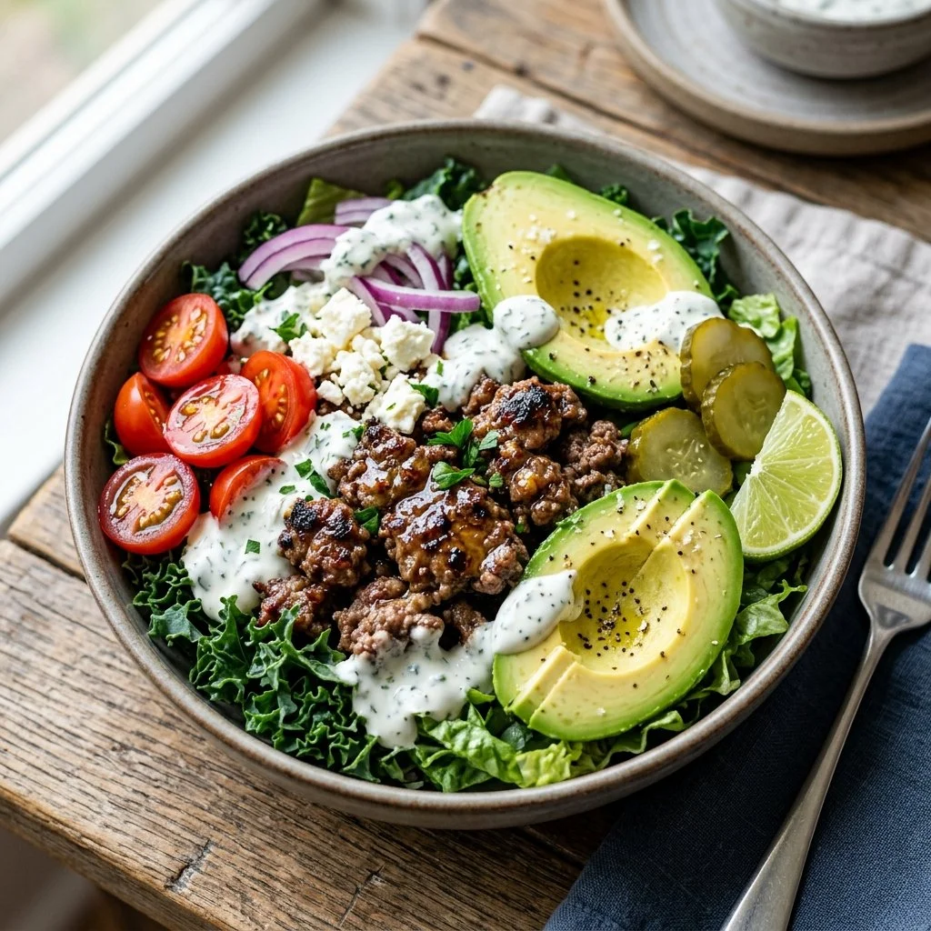 Healthy burger bowls with fresh ingredients and toppings