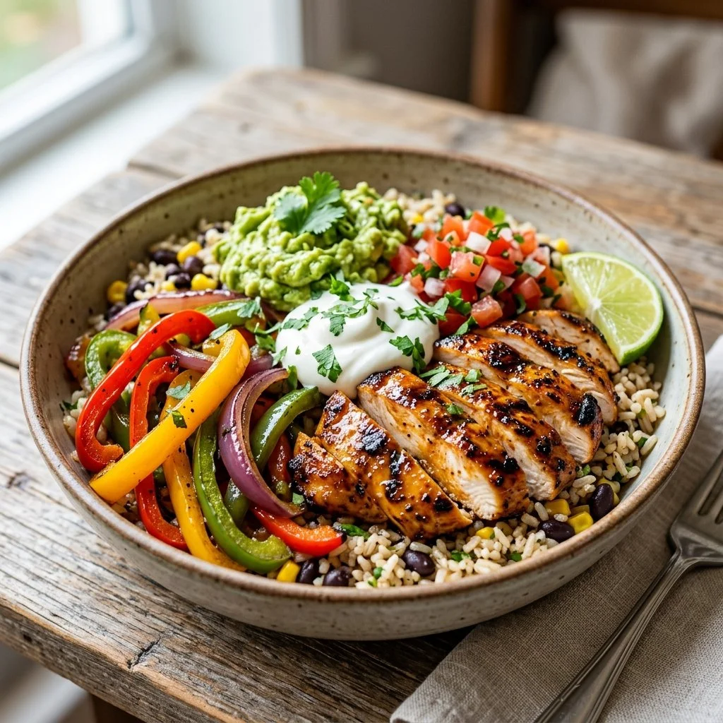 Healthy chicken fajita bowl with colorful veggies and chicken strips