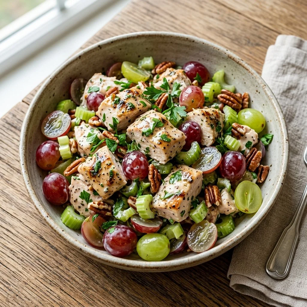 Healthy chicken salad with grapes served in a bowl, garnished with fresh herbs.