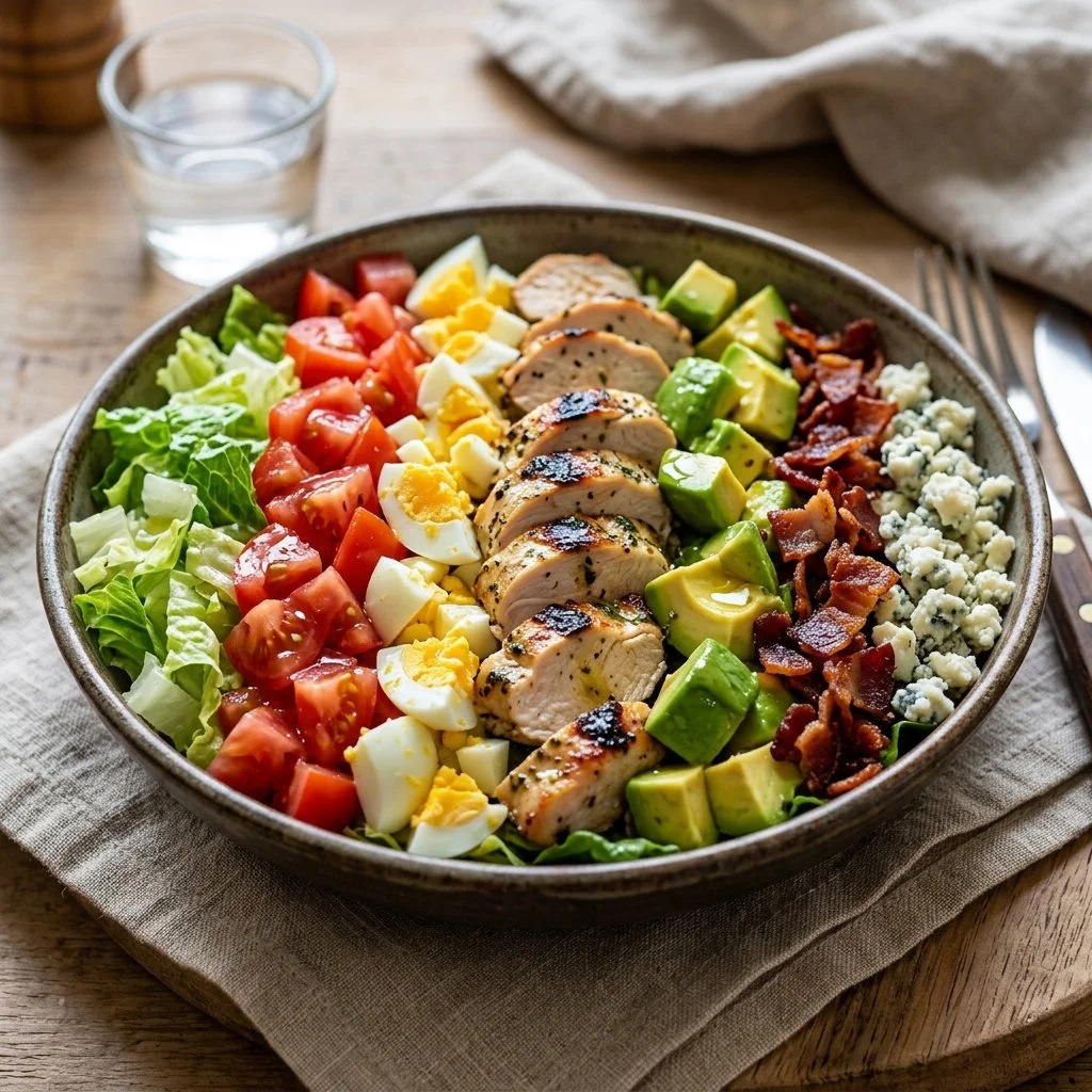 Colorful Healthy Cobb Salad with fresh vegetables, chicken, avocado, and dressing.