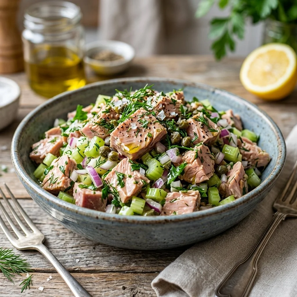 A fresh and healthy tuna salad served in a bowl with vegetables.